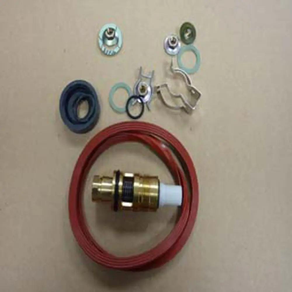 Remeha Hydraulikbauteile, bestehend aus einer roten Schlauchleitung, einem Messingventil und mehreren Dichtungsringen sowie Metallclips, auf neutralem Hintergrund angeordnet.